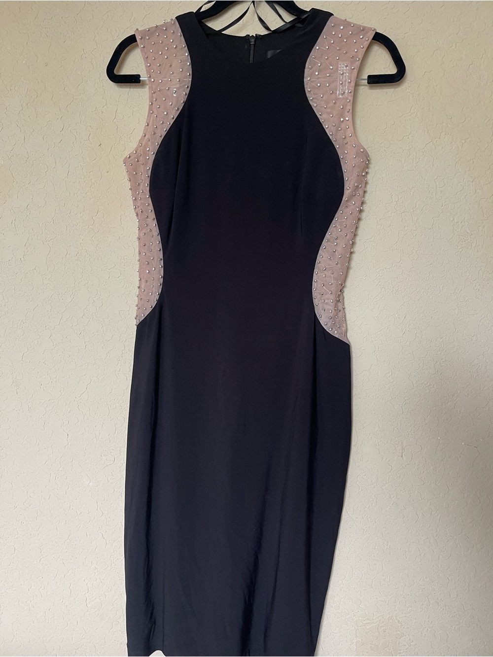 Xscape Black Midi Dress with Blush Embellished Panels